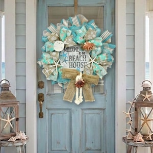 Welcome to the BEACH HOUSE Deco Mesh & Poly Burlap Wreath, Coastal Front Door Decorations with Starfish, Sand Dollar and Sea Shells