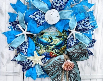 Turquoise & Beautiful Beachy Blues Faux Stained Glass Crab Coastal Wreath, Elegant  Beach Door Decorations