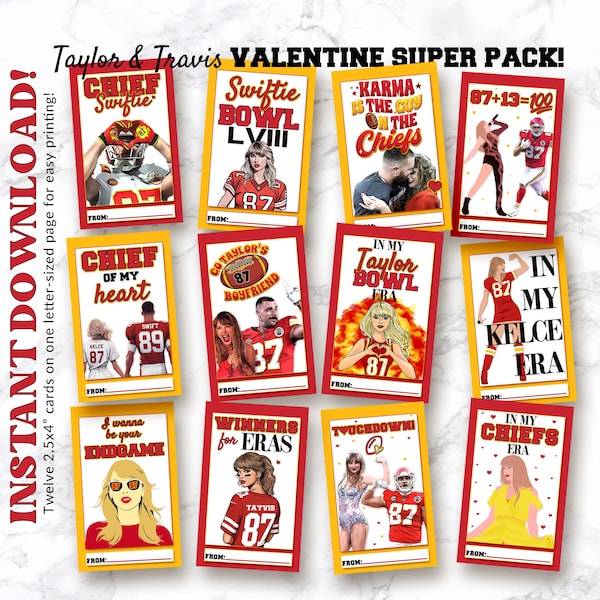 Taylor Swift Travis Kelce valentines, Taylor and Travis valentine cards, kids valentine cards, classroom cards, Instant Download, Printable