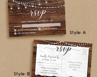 Printable Wedding Rsvp Card, Rustic RSVP Card, Rustic Wedding, Hanging Lights