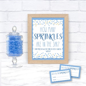 How many sprinkles in the jar game, Baby Shower Games, Baby Shower Activity, Baby Sprinkle Game, Blue and gold baby shower