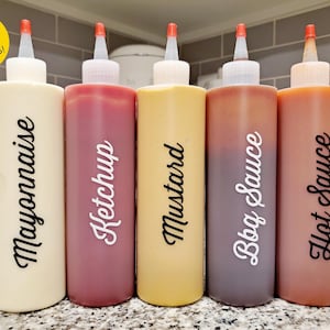 Condiment labels, bottle labels, canister labels, ketchup bottle labels, oil bottle labels, kitchen labels
