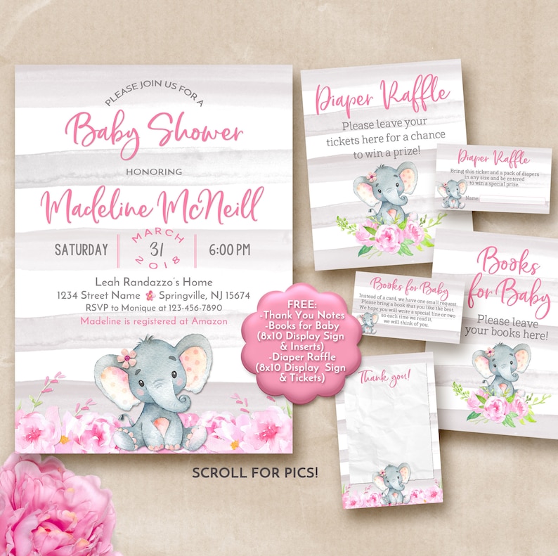 Elephant Baby Shower Invitation Pink and Gray Elephant Baby Etsy