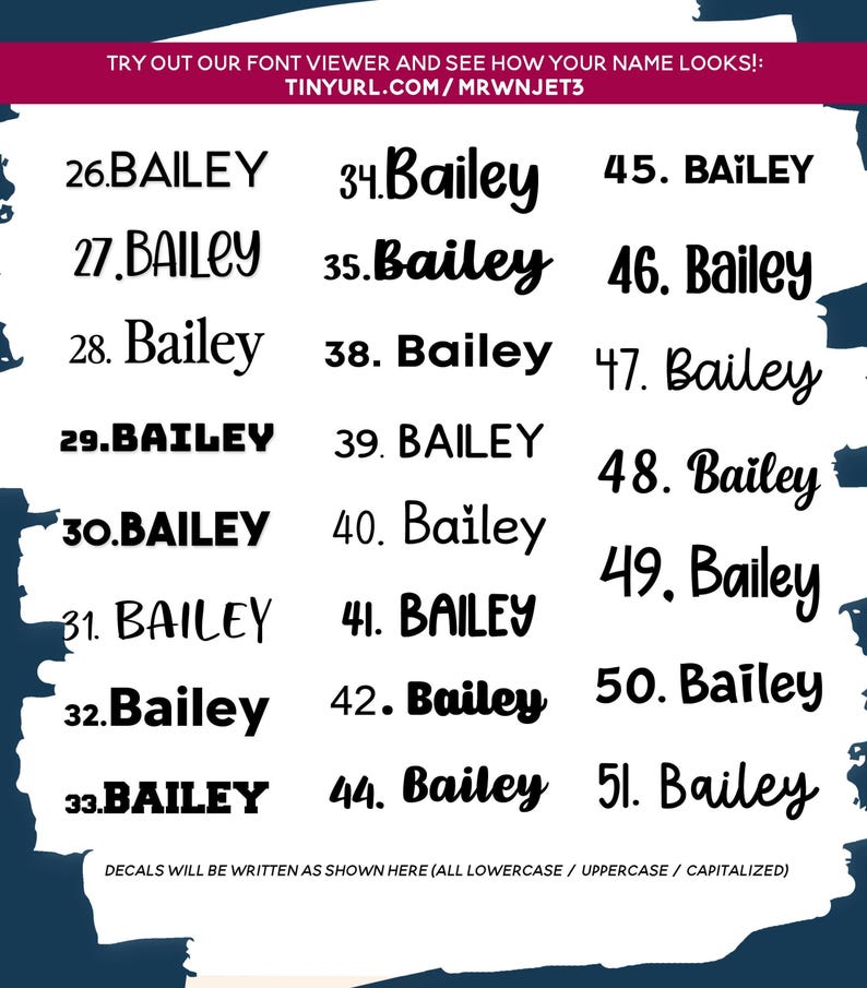 a collection of 26 different names written in various fonts, including "26.BAiley", "27.BAiley", "28.BAiley", "29.BAiley", "30.BAiley", "31.BAiley", "32.BAiley", "33.BAiley", "34.BAiley", "45. BAiley", "46. BAiley", "47. BAiley", "48. BAiley", "49. BAiley", "50. BAiley", "51. BAiley", and "52. BAiley". The names are written in different fonts and sizes, showcasing a variety of styles.