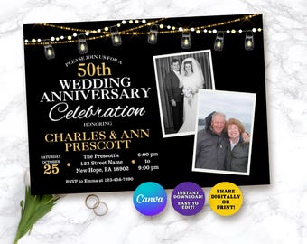 Könnte beinhalten: Schwarze und goldene Hochzeitseinladung mit einem Foto eines Paares und dem Text "Bitte feiern Sie mit uns den 50. Hochzeitstag von Charles und Ann Prescott".