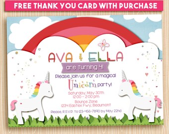 Magical Rainbow Unicorn Twins Sisters Friends Party Invitation, Printable, Birthday, 5x7