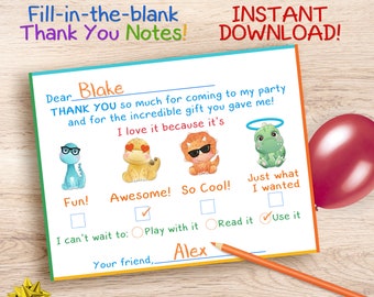 Fill in the blank thank you card, Dinosaur fill in the blank thank you card, dinosaur thank you card, printable file, instant download