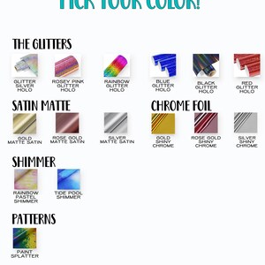 a collection of various metallic and glittery materials, including glitter, glitter foil, satin matte, chrome foil, and paint splatter.