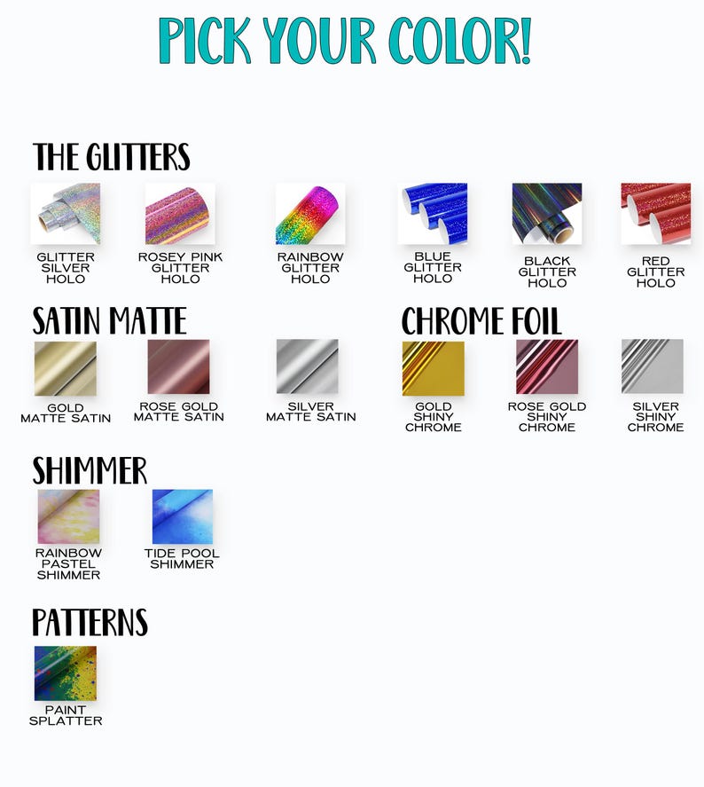 a collection of various metallic and glittery materials, including glitter, glitter foil, satin matte, chrome foil, and paint splatter.