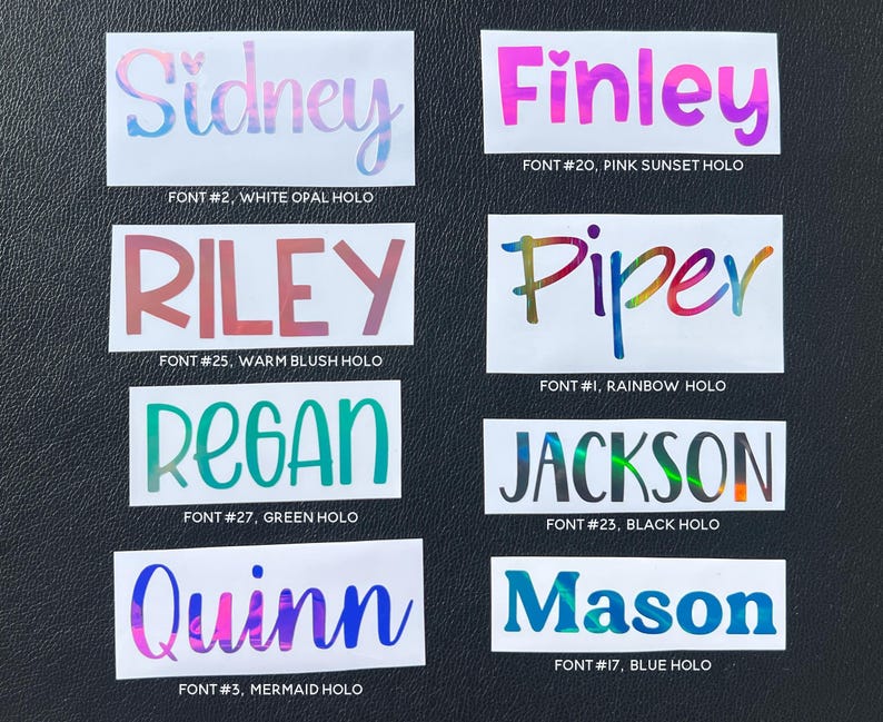a collection of personalized name stickers with various color schemes and styles, including names like Sidney, Finley, Riley, Piper, Regan, Jackson, Quinn, and Mason.