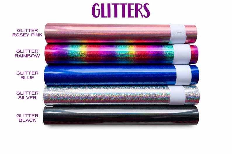 A collection of six different colored glitter rolls, each with a unique color and pattern, arranged in a stack.