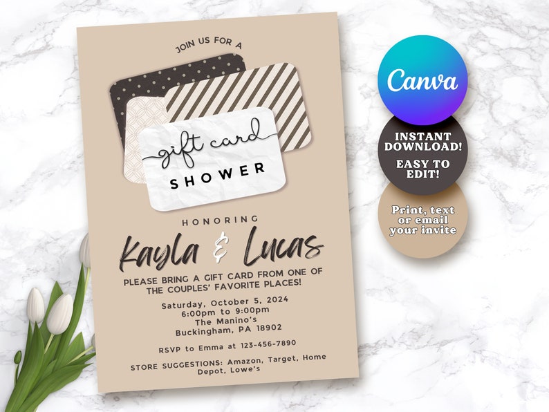May include: A tan and brown gift card shower invitation with a decorative design of gift cards. The invitation reads "Join us for a gift card shower honoring Kayla & Lucas". The invitation includes the date, time, location, and RSVP information.