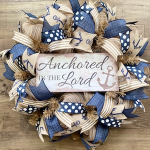 Nautical Anchor Burlap Wreath, Christian Wreath, Anchored in the Lord Scripture, Inspirational Decor, Everyday Wreath, Year Round Wreath