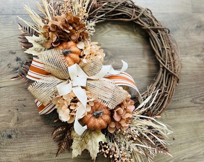 Rustic Fall Grapevine Wreath With Pumpkins and Hydrangeas, Autumn Door ...