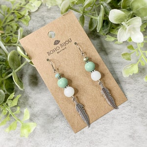 Boho Bead Feather Earrings, Silver and Seafoam Green, Handmade Bohemian Feather Jewelry, Bohemian Aesthetic Earrings