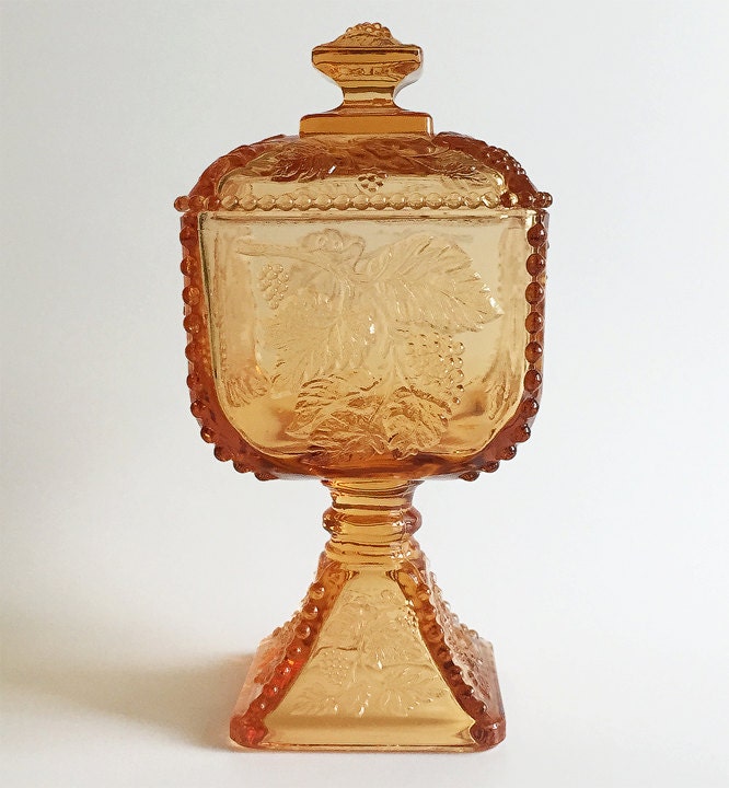 Vintage Westmoreland Beaded Grape Footed Candy Dish With Lid in Golden