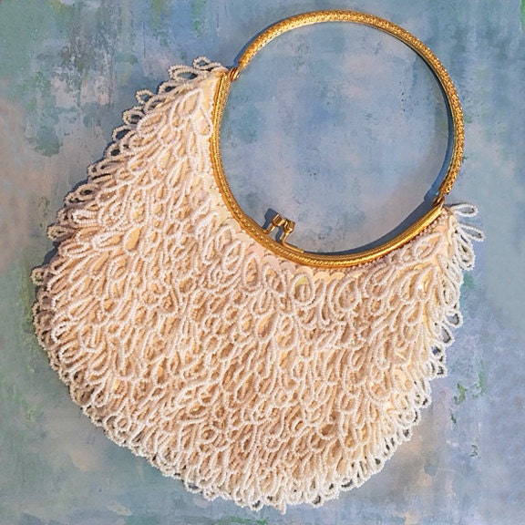 Vintage 70's/80's White Beaded Purse with Gold Chain by La Regale Ltd. |  Shop THRILLING