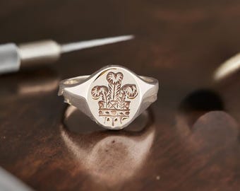 Heavyweight Mens Silver Signet Ring Three Feathers Wales