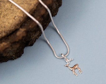 Silver and rose gold stag necklace with silver chain | Stag pendant | Two colour necklace | Silver and rose gold jewellery