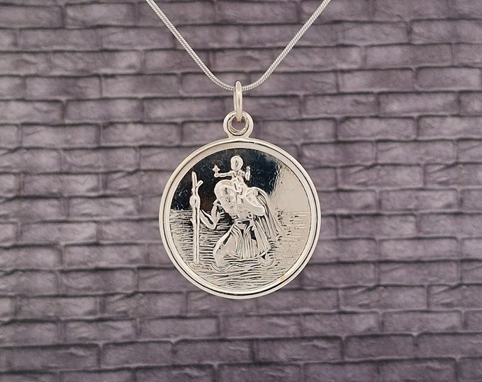 Sterling Silver Large Round St. Christopher Medallion Pendant - Divine Protection for Christenings and First Communions - Heavy Weight