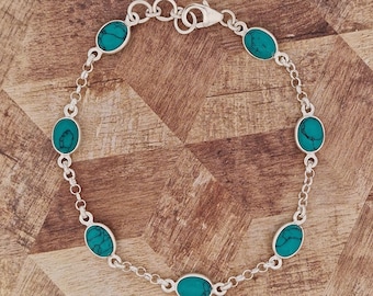 Turquoise silver bracelet | Cabochon blue turquoise silver bracelet