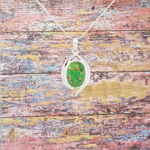 Silver Green Mohave Turquoise Pendant on Chain - Handcrafted Unique Design
