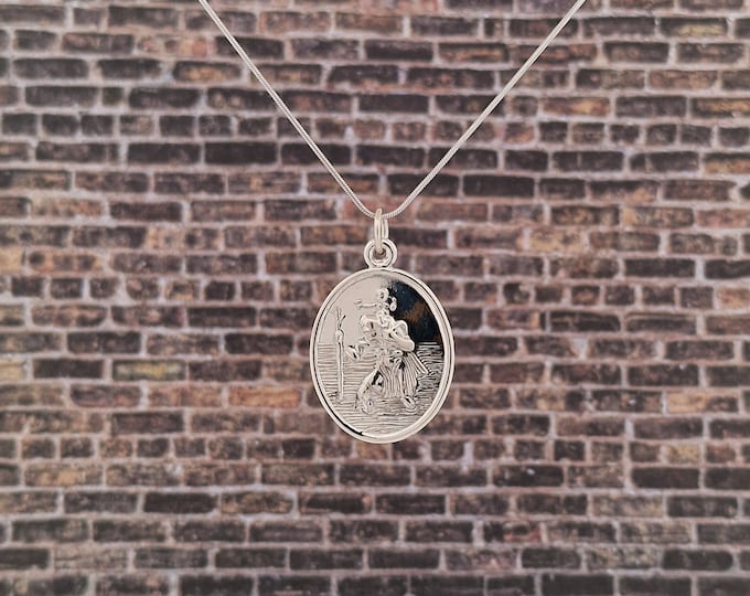 Sterling Silver Oval Round St. Christopher Medallion Pendant - Divine Protection for Christenings and First Communions - Heavy Weight