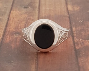 Mens Silver Signet Ring with Celtic Triquetra Engraved Shoulders and Onyx Gemstone | Handmade & Customizable | Bold Statement Piece