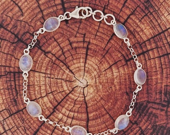 Rainbow moonstone silver bracelet | Cabochon Rainbow moonstone silver bracelet