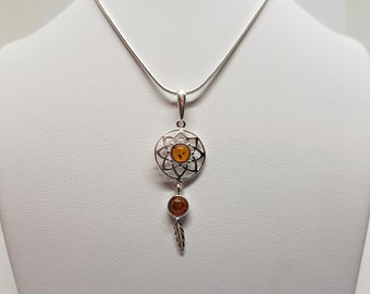 Ojibwe Silber Dreamcatcher Anhänger | Bernstein Traumfänger Halskette | Eine Feder Dreamcatcher Silber