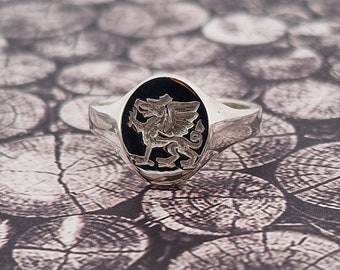 Heavyweight Mens Silver Signet Ring Welsh Dragon Wales