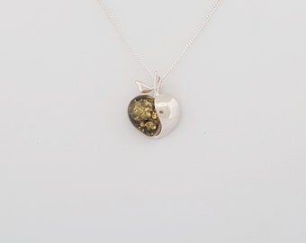 Silver Green amber apple heart pendant