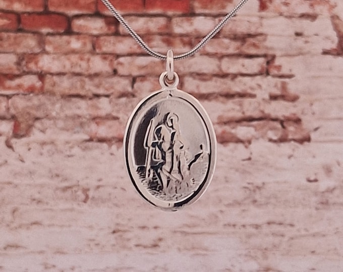 Sterling Silver Oval St. Christopher Medallion Pendant -Travel Protection for Christenings and First Communion
