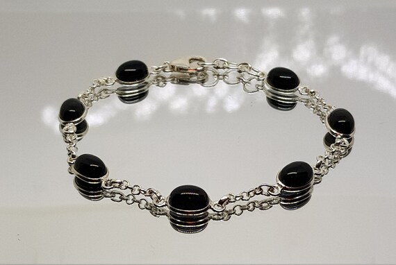 Bracelet Argent 925 Massif Avec Cabochon D'Onyx Noir - Occasion Très Beau