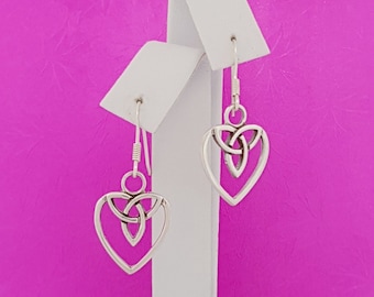 Sterling Silver Celtic Heart Triquetra Drop Earrings