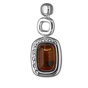 Cognac Amber fancy oblong Large Silver pendant
