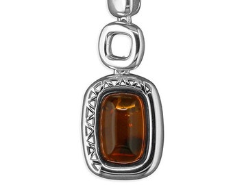 Cognac Amber fancy oblong Large Silver pendant