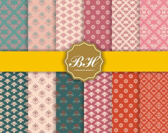 Vintage Floral Digital Paper, Flower Pattern, floral background, Pink Turquoise Beige(12x12"-300 dpi)-Instant Download-12 Digital papers