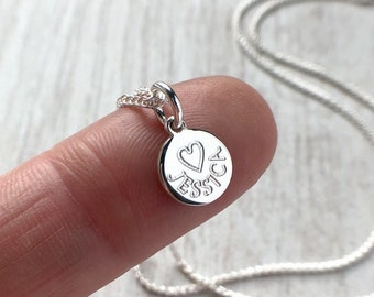 Name necklace personalised in sterling silver, TINY engraved disc 8mm wide