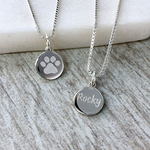 Paw print necklace in sterling silver, personalised with pet’s name, TINY 8mm pendant