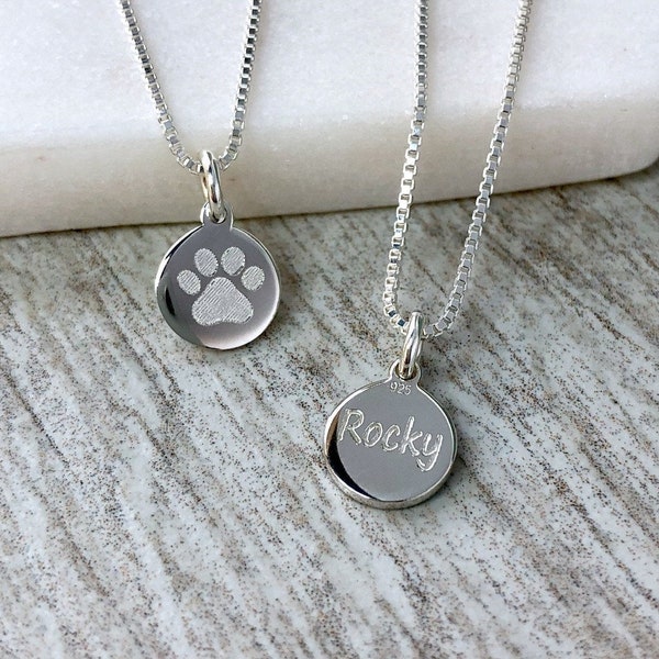 Paw print necklace in sterling silver, personalised with pet’s name, TINY 8mm pendant