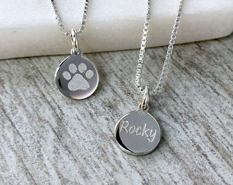 Paw print necklace in sterling silver, personalised with pet’s name, TINY 8mm pendant