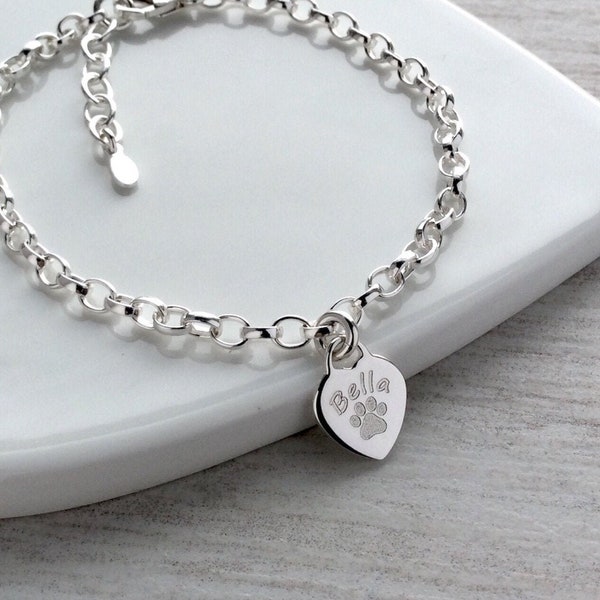 Paw print bracelet with dainty heart charm, personalised in sterling silver