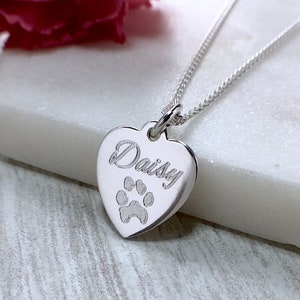 Sterling Silver Heart With Dog Paw Print and Engraved Name Necklace Sterling Silver Heart With Dog Paw Print and Engraved Name Necklace