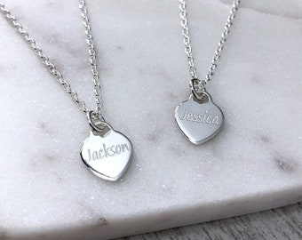 Silver name necklace, personalised / engraved small and dainty hearts