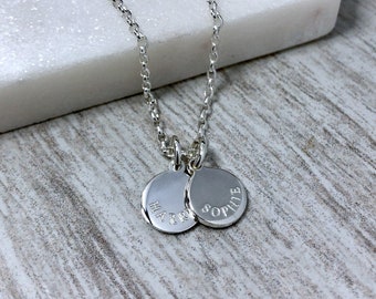 Personalised name necklace, sterling silver, TINY engraved disc pendant