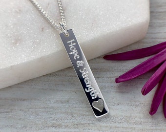 Hope and Strength engraved silver bar necklace