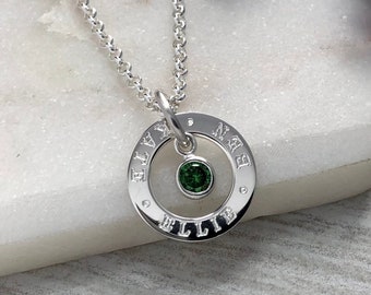 Engraved sterling silver name necklace with birthstone, any names words or short message