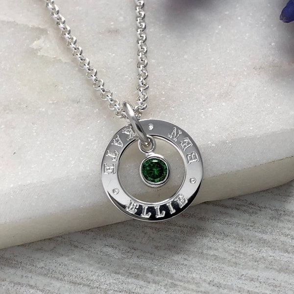 Engraved sterling silver name necklace with birthstone, any names words or short message