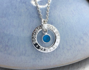 Engraved silver name necklace with birthstone, gift for mum, new baby